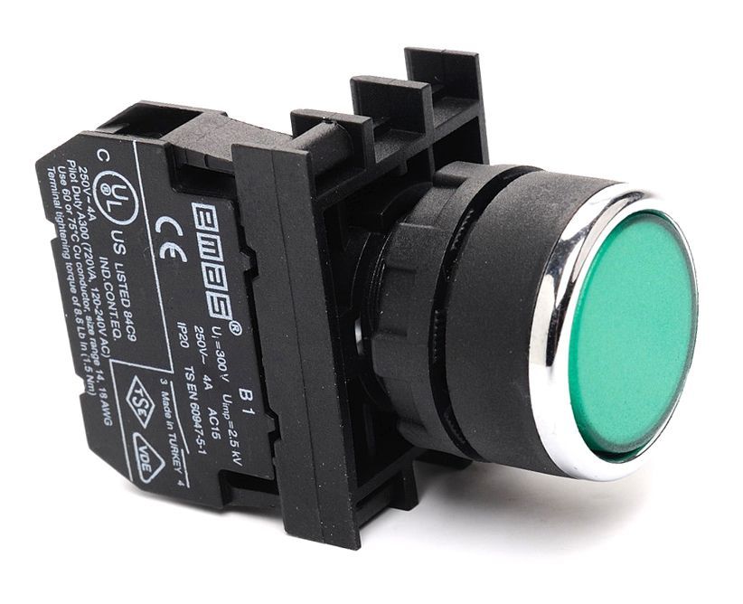 Emas Düz Kafalı Yaylı 22mm 50 IP Start Kumanda Butonu Yeşil 1NO